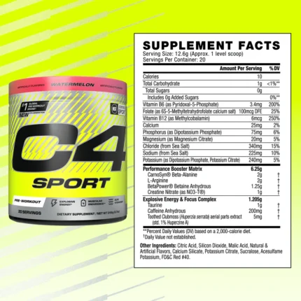 Nutrition facts label for Cellucor C4 Sport 30 servings, showing key ingredients for energy and performance. Shop now in Pakistan