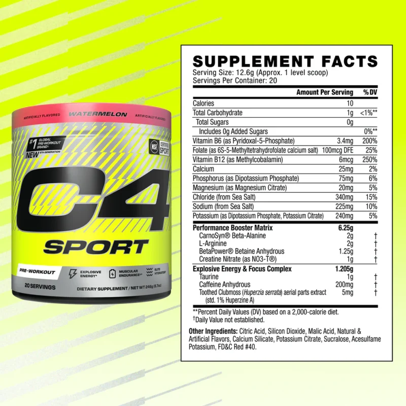 Nutrition facts label for Cellucor C4 Sport 30 servings, showing key ingredients for energy and performance. Shop now in Pakistan